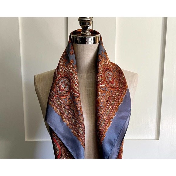 Vintage Handrolled Edge Silk Scarf Orange, Yellow, Gold, Grey - Picture 2 of 7